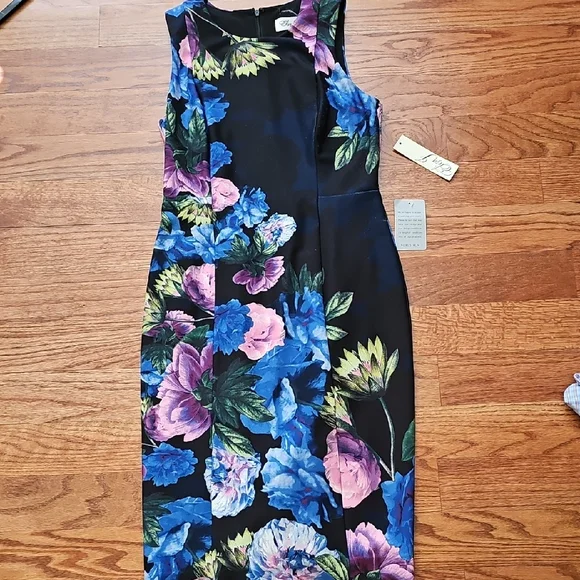 Sleeveless Black Floral Sheath Dress with Blue & Pink Blooms - Picture 1 of 3